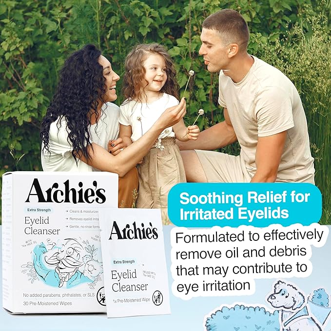 Archie's Remedies Eyelid Wipes and Lid Scrub - 30 Pre-Moistened Wipes - Australian Tea Tree Oil, Paraben-Free, SLS-Free, Phthalate-Free, Ideal for Sensitive Skin and Daily Eye Care