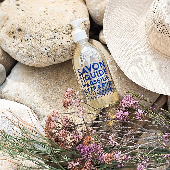 Compagnie de Provence Savon de Marseille Extra Pure Liquid Soap - Mediterranean Sea - 16.7 Fl Oz Glass Pump Bottle and 33.8 fl oz Plastic Bottle Refill