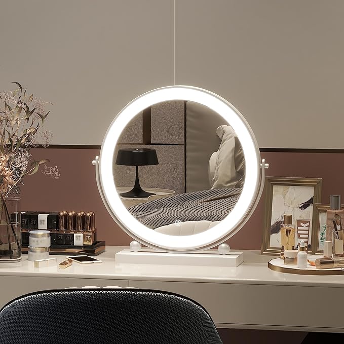 13 Inch Vanity Mirror with Lights, Round Make Up Mirror with Lighting, LED Mirror Makeup Mirror with Lights for Bedroom Tabletop, Smart Touch Control, 360° Rotation (White)
