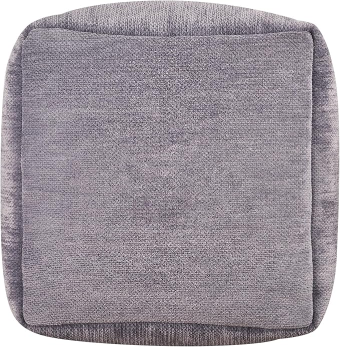 LR Home Contemporary Solid Square Indoor Medium Pouf Ottoman, Frost Gray | Hand-Made Power-Loomed Chenille Cube Pouf for Bedroom & Living Room Decor | 18 x 18 x 18 Stuffed Ottoman for Seating