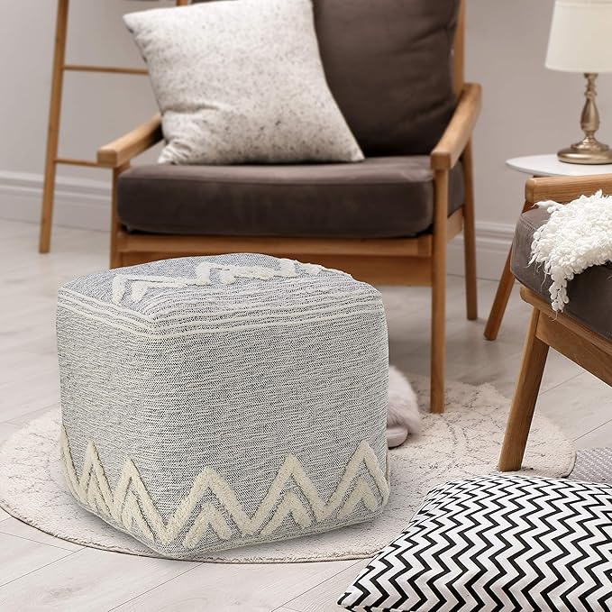 LR Home Gray/Ivory Geometric Hand-Woven Polyester Ottoman Pouf for Home Decor | Modern Transitional Foot Rest for Bedroom & Living Room Decor | 16 x 16 x 16 Stuffed Ottoman for Seating
