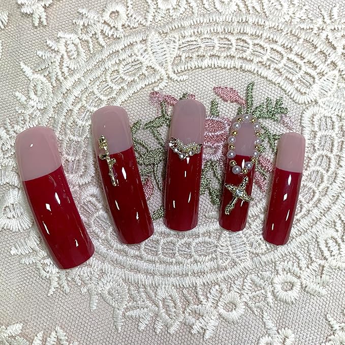 BABALAL Curved Press on Nails Extra Long Square Fake Nails Ruby Red Glue on Gothic Cross Rose Gold Charm Luxury Handmade Acrylic Women Reusable 3d Stick on 20PCS Custom DIY