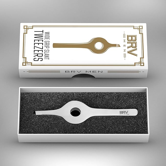 BRV MEN Wide Grip Slant Tweezers | Hand-Filed Slanted Tips for Ultra-Precision | Tweezers for Eyebrows & Nose/Ear/Facial Hair | Professional Tweezers for Women & Men - Silver
