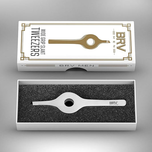 BRV MEN Wide Grip Slant Tweezers | Hand-Filed Slanted Tips for Ultra-Precision | Tweezers for Eyebrows & Nose/Ear/Facial Hair | Professional Tweezers for Women & Men - Silver