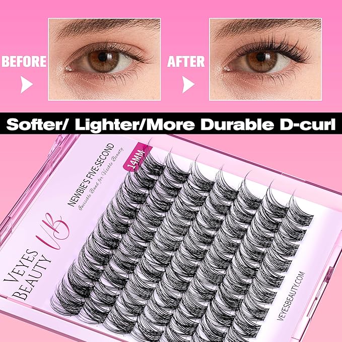 VEYESBEAUTY Lash Clusters Individual Eyelash Extensions Thin & Invisible Band DIY False Eyelashes for Self-application Newbie's Five-Second Series Wispy Lash Tray, LuxeBold 14mm Single Length