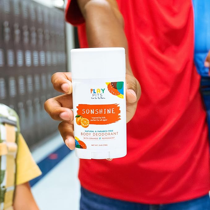 PLAY PITS - Kids Deodorant for Girls & Boys - Natural - Aluminum-Salt Free - Safe for Sensitive Skin – SONSHINE is Infused w/Orange & Peppermint Oils - Non-Toxic & Paraben Free - 2.65oz - 2pk