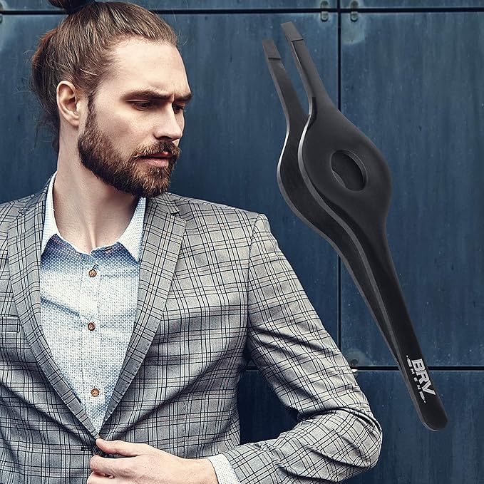 BRV MEN Wide Grip Slant Tweezers | Hand-Filed Slanted Tips for Ultra-Precision | Tweezers for Eyebrows & Nose/Ear/Facial Hair | Professional Tweezers for Women & Men - Black