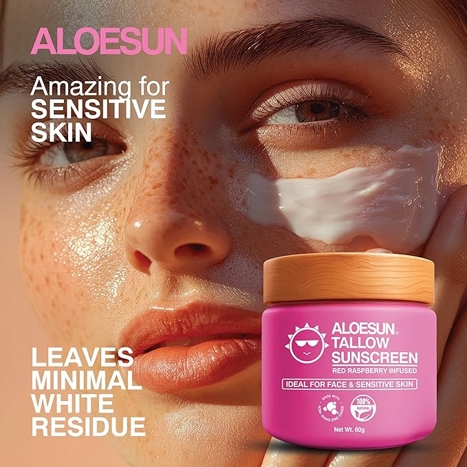 ALOESUN Organic Beef Tallow Sunscreen - Natural Sunblock Lotion for Face and Body with Non Nano Zinc Oxide Mineral Protection - Reef Safe Travel Size Tallow Moisturizer for Adult and Baby - 2.12 Oz