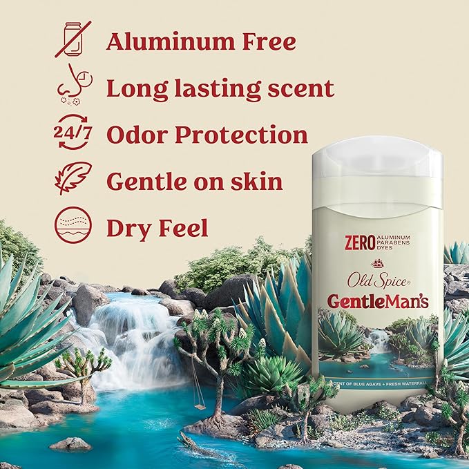 Old Spice GentleMan's Aluminum Free Dry Feel Deodorant for Men, 24/7 Lasting Freshness, Gentle on Skin with Skin Conditioners, Blue Agave + Fresh Waterfall Scent, 3.0 oz (Pack of 3)