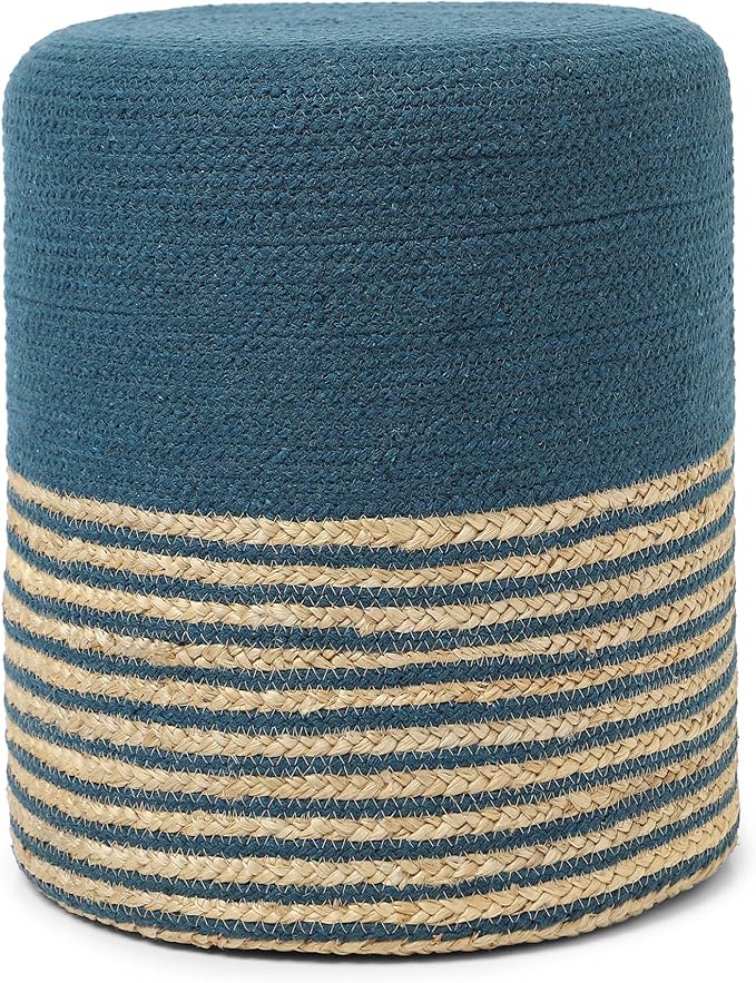 REDEARTH · Cylindrical Pouf Foot Stool Ottoman - Jute Braided Pouffe Poof Accent Sitting Footrest for Living Room, Bedroom, Nursery, Patio, Lounge & Other Rooms (Teal Natural, 14.5"x14.5"x16")