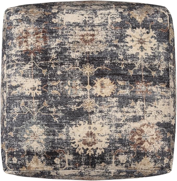 LR Home Vintage Floral Square Indoor Medium Pouf Ottoman, Navy Blue/Beige | Hand-Made Distressed Floral Pouf for Home Decor | 18 x 18 x 18 Stuffed Ottoman for Bedroom & Living Room Seating