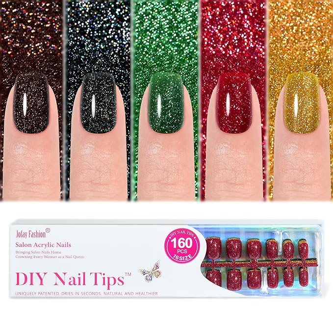 Valentines Press on Nails Short 5 Styles, Jofay Fashion 160Pcs Red Press on Nails, Square Glossy Glitter Fake Nails, Reusable Artificial Acrylic False Nails, Glue on Nails for Women