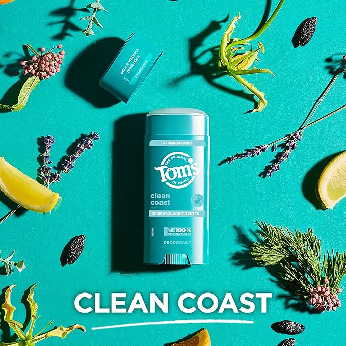 Tom's of Maine Clean Coast Aluminum Free Natural Deodorant For Women & Men | Goes on Clear | Odor & Wetness Protection | Naturally Derived and Moisture-Locking Ingredients | 3.25 oz (2 Pack)