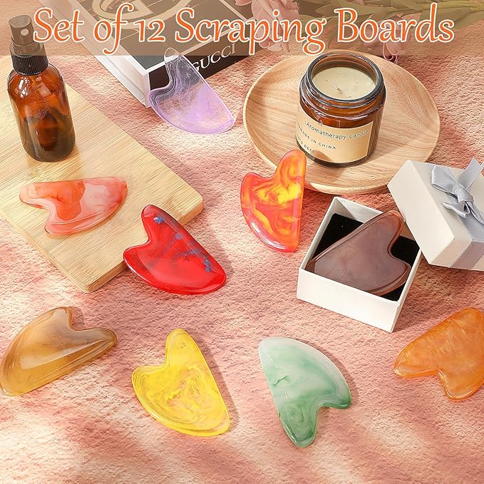 Sherr 12 Pcs Gua Sha Facial Tools Resin Heart Shaped Massage Guasha Tool for Face Guasha Board for Spa Women Body Skin Care Reduce Muscle Tensions, 12 Colors(Retro Color)