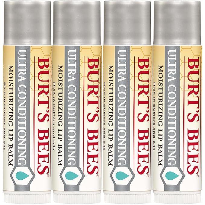 Burt's Bees Lip Balm Stocking Stuffers, Moisturizing Lip Care Christmas Gifts for All Day Hydration, Ultra Conditioning with Shea, Cocoa & Kokum Butter, 100% Natural (4-Pack)
