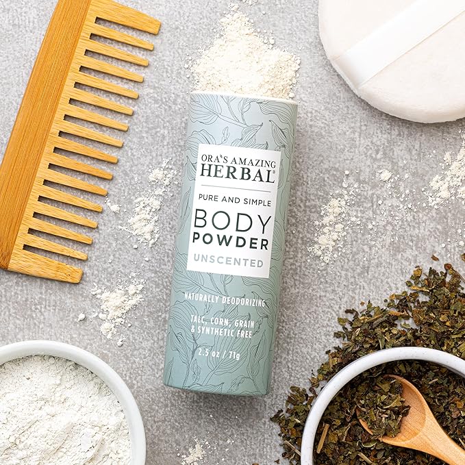 Ora's Amazing Herbal Fragrance Free Body Powder for Women and Men, Unscented Talc and Cornstarch Free Talcum Powder, Waxing, Natural Sugaring, Foot, Dry Shampoo, Made in USA, 2.5 oz