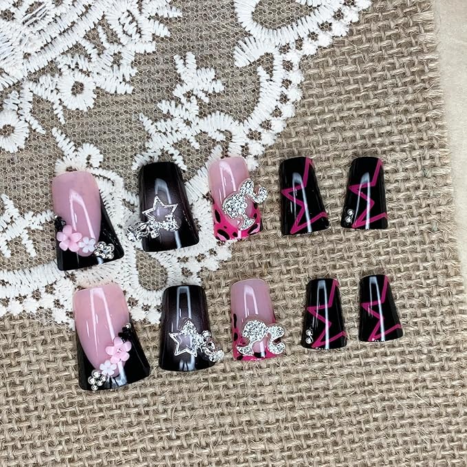 BABALAL Duck Nails Press on Short Fake Nails Black Pink Glue on Star Charm Y2k Stick on Acrylic 24Pcs Duck Bill Gothic Manicure Reusable Artificial Full Cover False Nail