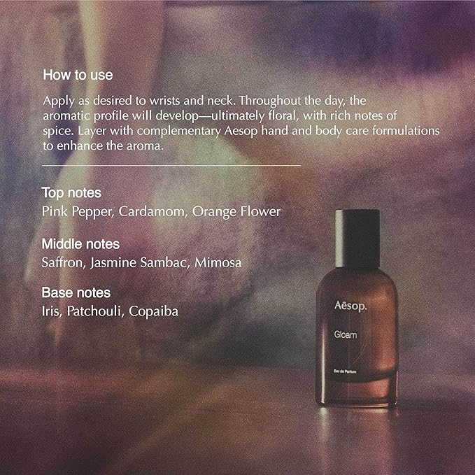 Aesop Gloam Eau de Parfum | Floral, Jasmine, Spicy, and Green Scent | Floral and Earthy Aroma | Unisex | 1.6 oz