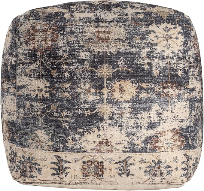 LR Home Vintage Floral Square Indoor Medium Pouf Ottoman, Navy Blue/Beige | Hand-Made Distressed Floral Pouf for Home Decor | 18 x 18 x 18 Stuffed Ottoman for Bedroom & Living Room Seating