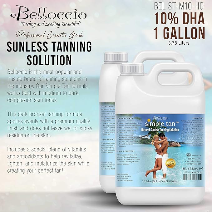 Belloccio Simple Tan Gallon Bottle of Professional Salon Sunless Tanning Solution with 10% DHA and Medium Bronzer Color Guide