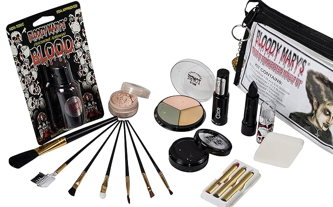 Bride Of Frankenstein Special Effects Makeup Kit - By Bloody Mary - Professional Halloween Monster SFX Makeup - Includes Lipstick, Foundation, Setting Powder, 3 Crayons, 4 Brushes, Eye Shadow & Sponge