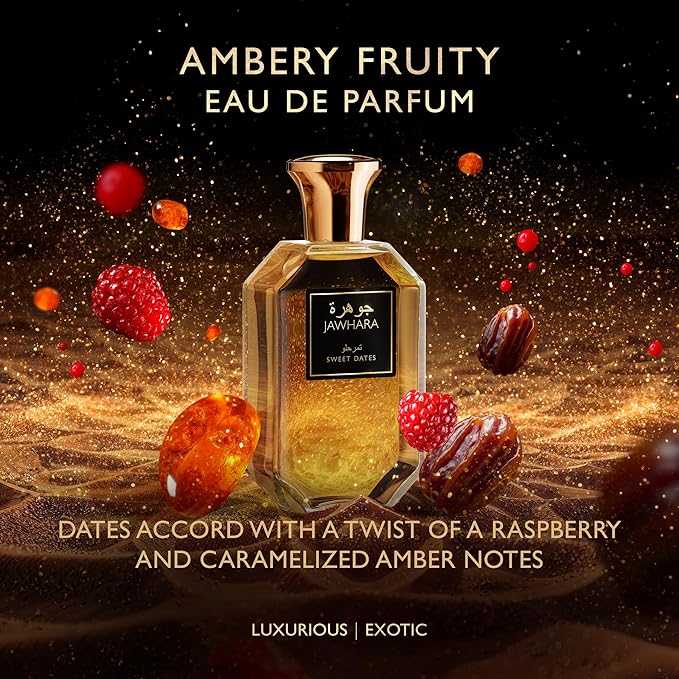 Jawhara Sweet Dates | Ambery Fruity Eau de Parfum 3.3 fl oz | Notes of Raspberry, Medjool Dates, and Rich Amber | Long Lasting | Everyday Wear | Travel Size