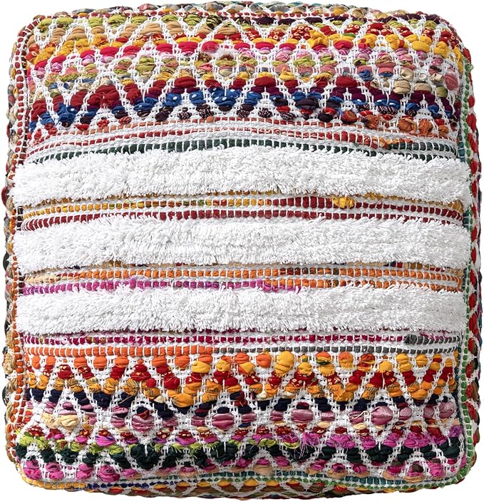 L. R. Resources, Inc. LR Home Multi/White Bohemian Chevron Hand-Made Cotton Blend Ottoman Pouf for Home Decor | Foot Rest for Bedroom & Living Room Decor | 18 x 18 x 18 Stuffed Ottoman for Seating
