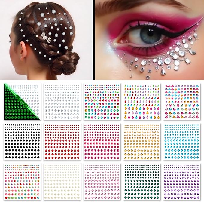 FACEGEM LONDON 15 Sheet Face Gems Rhinestone -SELF ADHESIVE- Rhinestones for Eyes Face Body Nails, Face Glitter, Nail Gems Rhinestone, Face Jewels Rhinestone for Party, Rave Festival, Make up