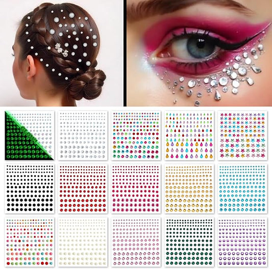 FACEGEM LONDON 15 Sheet Face Gems Rhinestone -SELF ADHESIVE- Rhinestones for Eyes Face Body Nails, Face Glitter, Nail Gems Rhinestone, Face Jewels Rhinestone for Party, Rave Festival, Make up