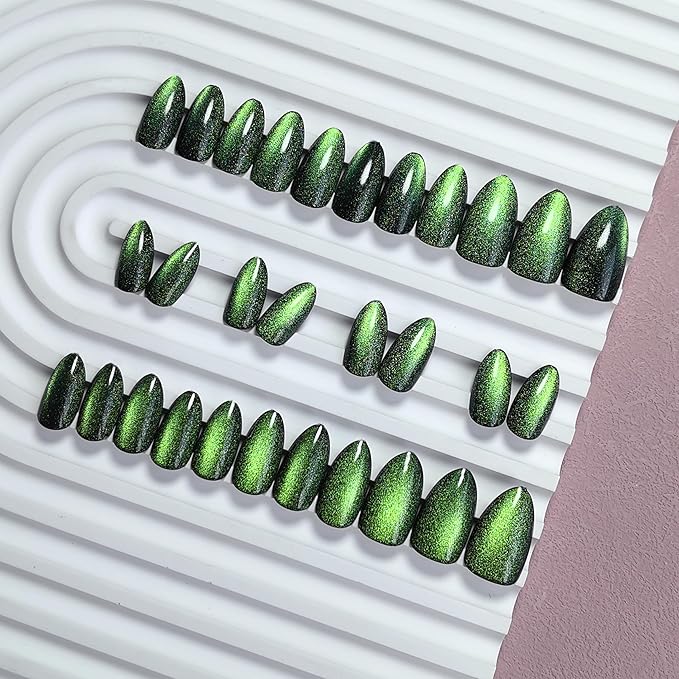 KQueenest Press On Nails Short - Neon Green to Black Press On Nails Almond Shape, Glitter Cat Eye Fake Nails with Nail Glue, Reusable Cute Dark Gel Glue On Nails with Color-Shifting Glow, 30 Pcs