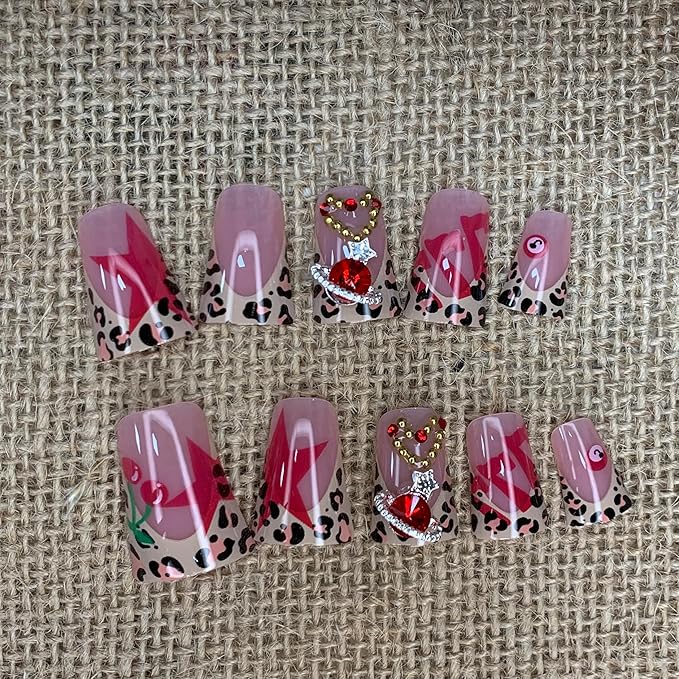 BABALAL Duck Nails Press on False Nails Cheetah Brown Fall Fake Nails French Tip Glue ons with Planet Charm Y2k Leopard Star Acrylic Handmade Manicure Full Cover False Nails 24Pcs