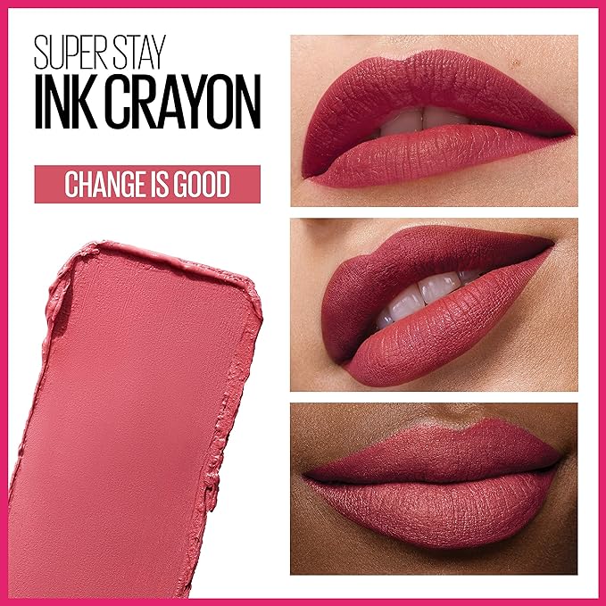 Maybelline Super Stay Ink Crayon Lipstick Makeup, Precision Tip Matte Lip Crayon with Built-in Sharpener, Longwear Up To 8Hrs, Change Is Good, Rose Pink, 1 Count