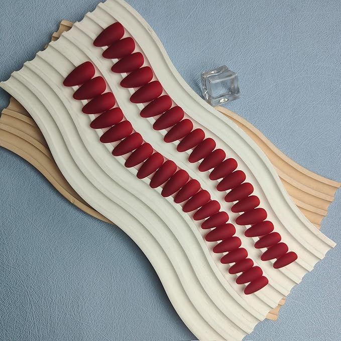 48pcs Matte Red Press-on Nails - Almond Shaped, Stiletto False Nails, Medium Length, Thick Natural Gel Acrylic Finish
