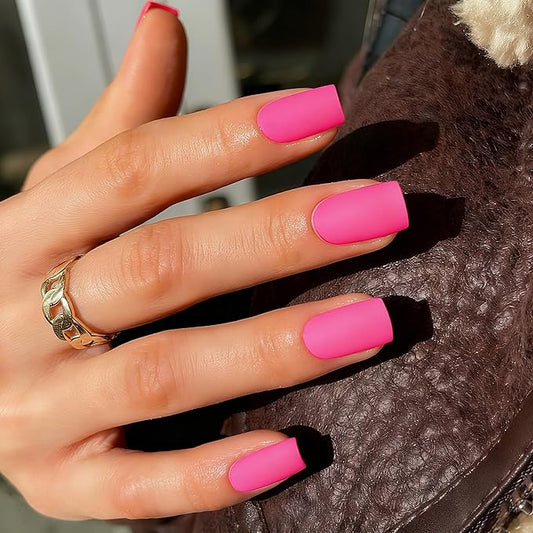 Hot Pink Press On Nails Short Square,KQueenest Glue on Nails,Short Fake Nails Kit Acrylic Pure Matte Color Gel Nails Set Natural Fingernails Manicure for Women Girls in 24PCS