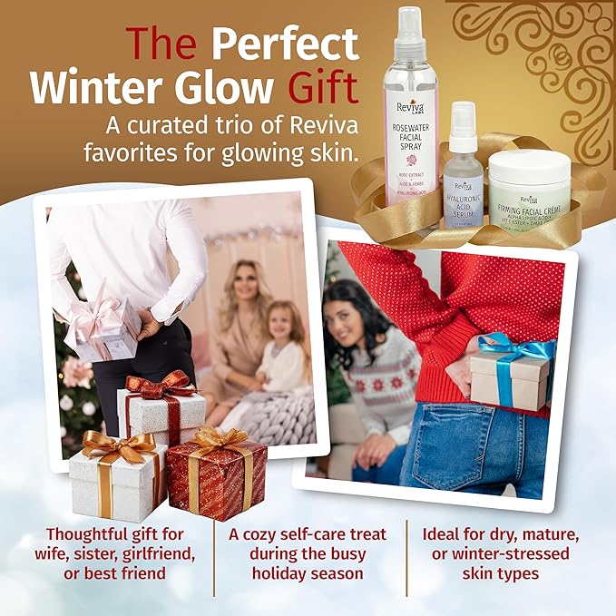 Reviva Labs Holiday Glow Skincare Gift Set – 3-Pc Face Care Kit with Hyaluronic Acid Serum, DMAE Lift & Firm Cream, and Rosewater Face Mist – Hydrating, Moisturizing & Firming Skincare Set for Women