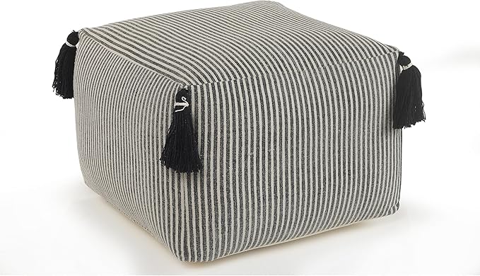 LR Home Handmade Contemporary Striped Gray/Ivory Cotton Pouf Ottoman for Home Decor | Farmhouse Foot Rest for Bedroom & Living Room Decor | 18 x 18 x 14 Stuffed Ottoman for Seating