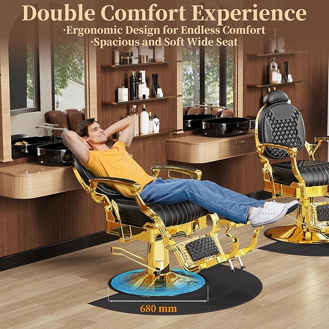 Baasha Black & Gold Heavy-Duty Barber Chair, Luxury Reclining Salon Chair with Adjustable Headrest & Comfort Seating, 550 lbs Capacity