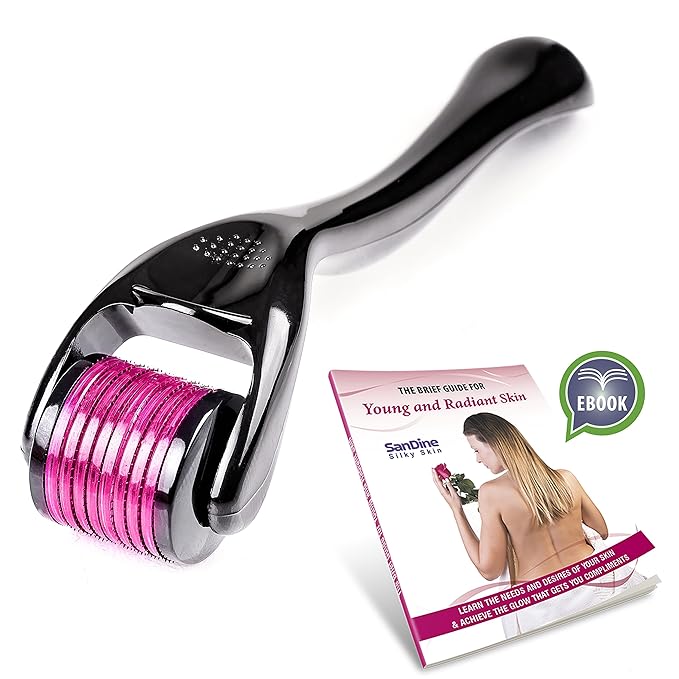 Microneedle Derma Roller - 540 Micro Needle Skin Care System - Ideal to Keep Your Skin Young and Radiant - Titanium for Silky Smooth and Beautiful Skin - Includes FREE E-Book -By Sandine (0.3mm)