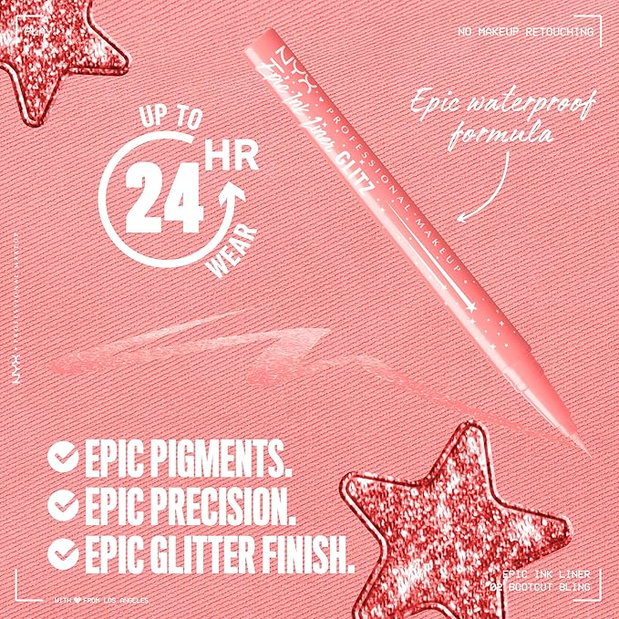 NYX PROFESSIONAL MAKEUP Epic Ink Glitz Liner, Waterproof Metallic Liquid Eyeliner with Vegan Formula - Bootcut Bling (Shimmer Bubblegum Pink)