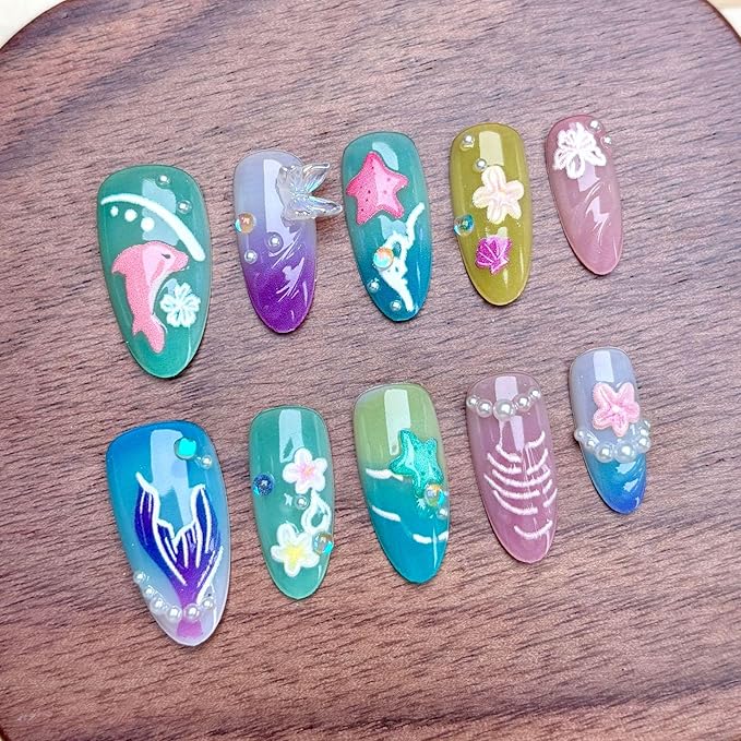 30Pcs Ocean Press On Nails Medium Almond Fake Nails with 3D Butterfly Pearl Flower Starfish Design Aurora Bead Mermaid False Nails Colorful Ombre Shell Stick on Nails for Summer Manicure