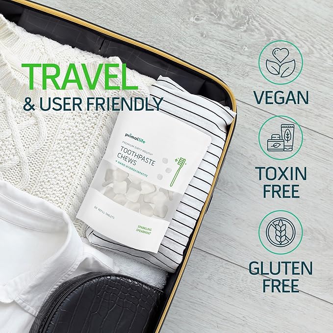 Primal Life Organics Premium Dirty Mouth Toothpaste Chews – Nano-Hydroxyapatite Whitening Toothpaste Tablets for Adults - Gluten Free, Vegan, Paleo - 60 Tablets in Bag - Sparkling Spearmint