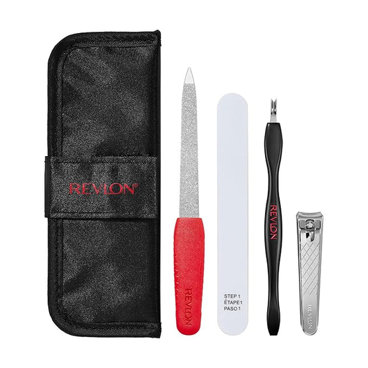 Revlon Manicure Essentials Kit with Travel Case, Nail Care Set with Dual Ended Cuticle Trimmer, Curved Blade Clippers, Compact Emeryl File & Buffer (Pack of 1)
