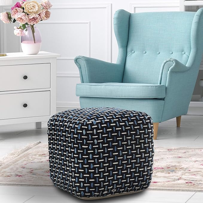 L. R. Resources, Inc. LR Home Hand-Woven Black/White/Blue Geometric Cotton Square Ottoman Pouf for Home Decor | Indoor Foot Rest for Bedroom & Living Room | 16 x 16 x 16 Stuffed Ottoman for Seating