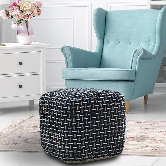 L. R. Resources, Inc. LR Home Hand-Woven Black/White/Blue Geometric Cotton Square Ottoman Pouf for Home Decor | Indoor Foot Rest for Bedroom & Living Room | 16 x 16 x 16 Stuffed Ottoman for Seating