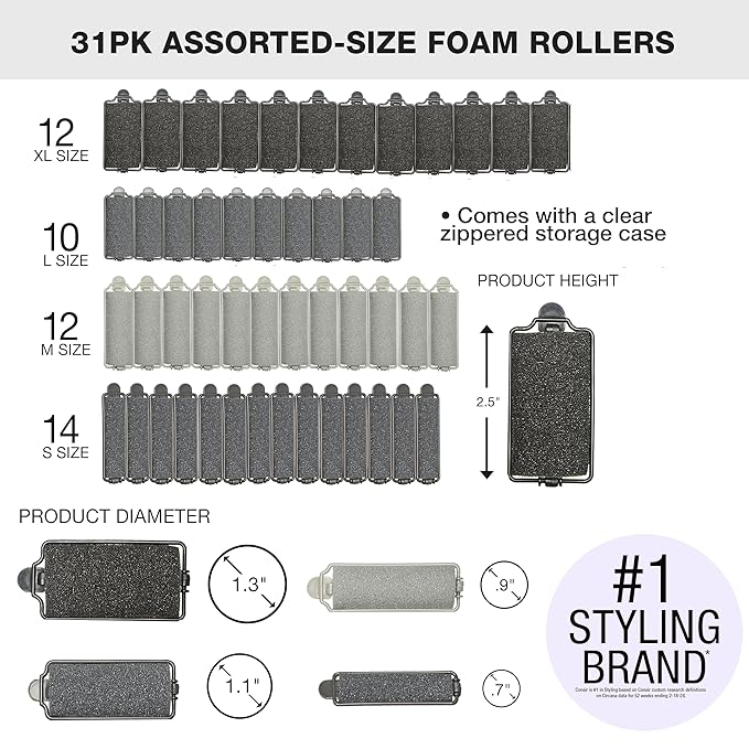 Conair Foam Hair Rollers - Heatless Curlers - Heatless Curls -Foam Rollers - Black & Gray - Assorted Sizes - 48 Count w/storage case