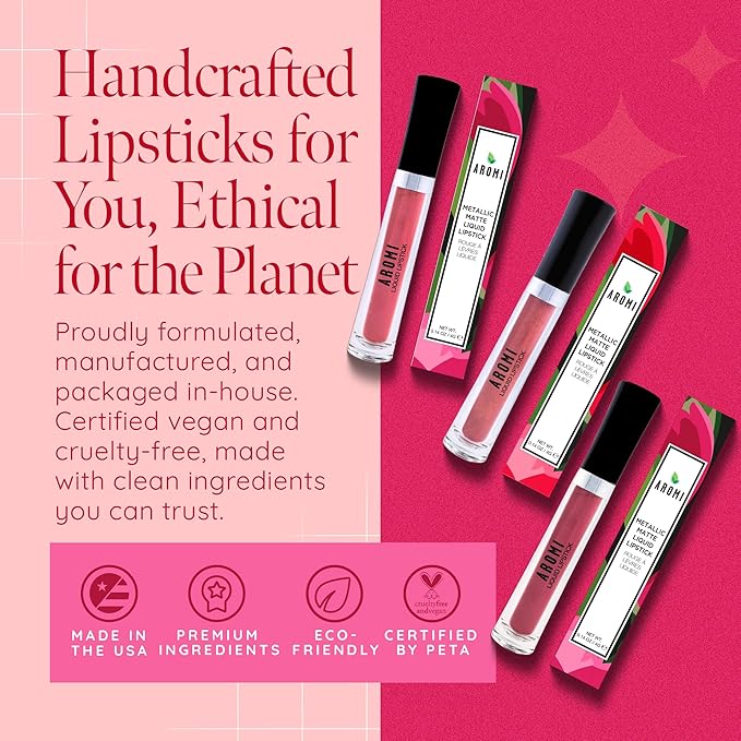 Aromi Sugared Mauve Metallic Liquid Lipstick, Purple Pink Lip Color with Shimmery Finish, Raspberry Mulberry Lipstick, Long-Lasting, Smudge Proof (Sugared Mauve)