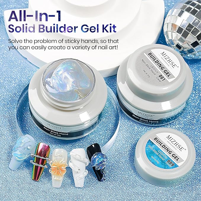 MIZHSE 2PCS Solid Builder Gel for Nails Kit: 30g/1oz Clear & Aurora Hard Gel for Nail with Nail Forms 3D Mold Soak off U V Builder Extension Gels for Women