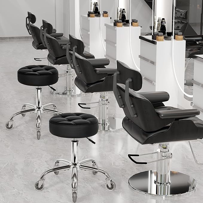 BEWISHOME Rolling Stool with Wheels, Adjustable Stool Heavy Duty 450lb, 360° Swive Rolling Chair for Massage Spa Medical Tattoo, PU Thick Seat Padding Salon Chair(Black) BYD01B