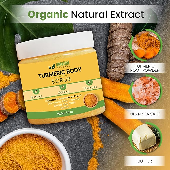 AMVital Turmeric Body Scrub - Handmade Natural Scrub For Body, Face, Hand, and Foot - Natural Skincare Body Scrub For Women - Suitable for All Skin Types (7.8oz)