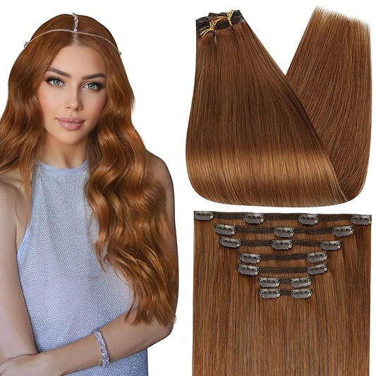 Full Shine Human Hair Extensions Clip ins Auburn Hair Extensions Real Human Hair Strawberry Blonde Straight Invisible Remy Hair 22 Inch 7 Pcs 120 G